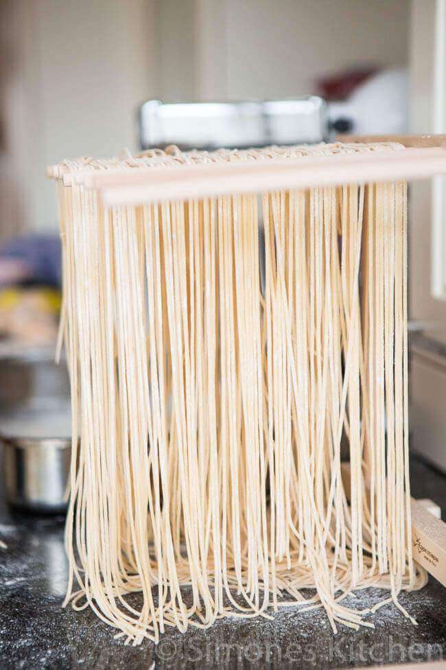 Rack of drying homemade pasta