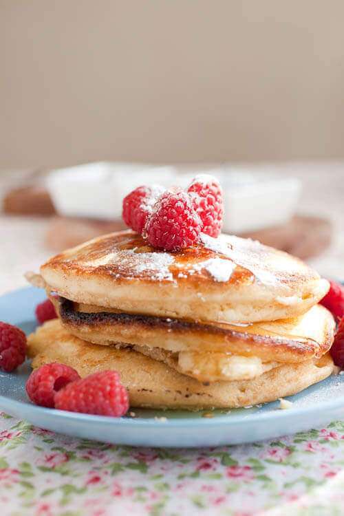 American pancakes with raspberries