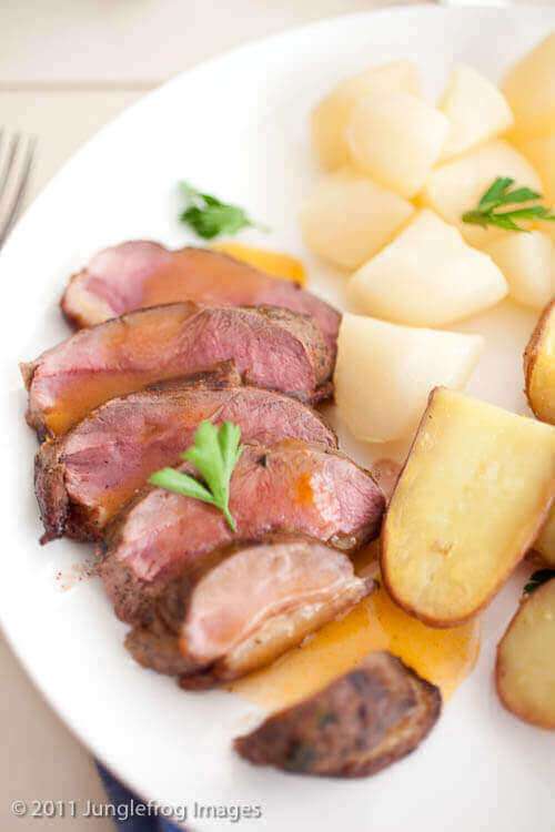 Grilled duck breast with madeira sauce, glazed turnips and potatoes