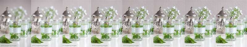 Aperture and depth of field in a row of images of a mint tea