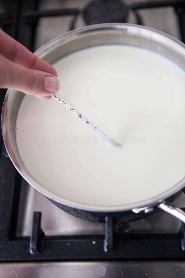 Heating the milk for the halloumi
