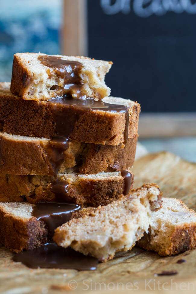 Banana bread with caramel sauce dripping down