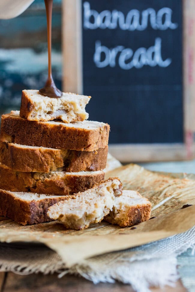 Banana bread with caramel sauce