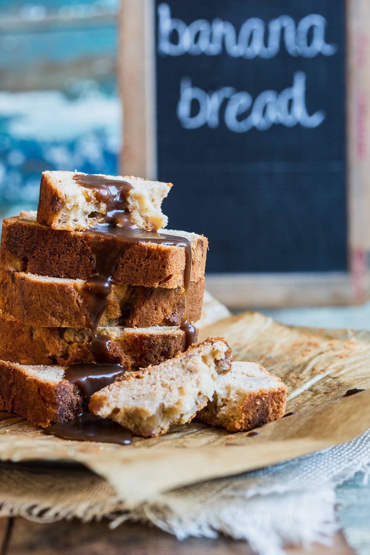 Banana bread with caramel sauce
