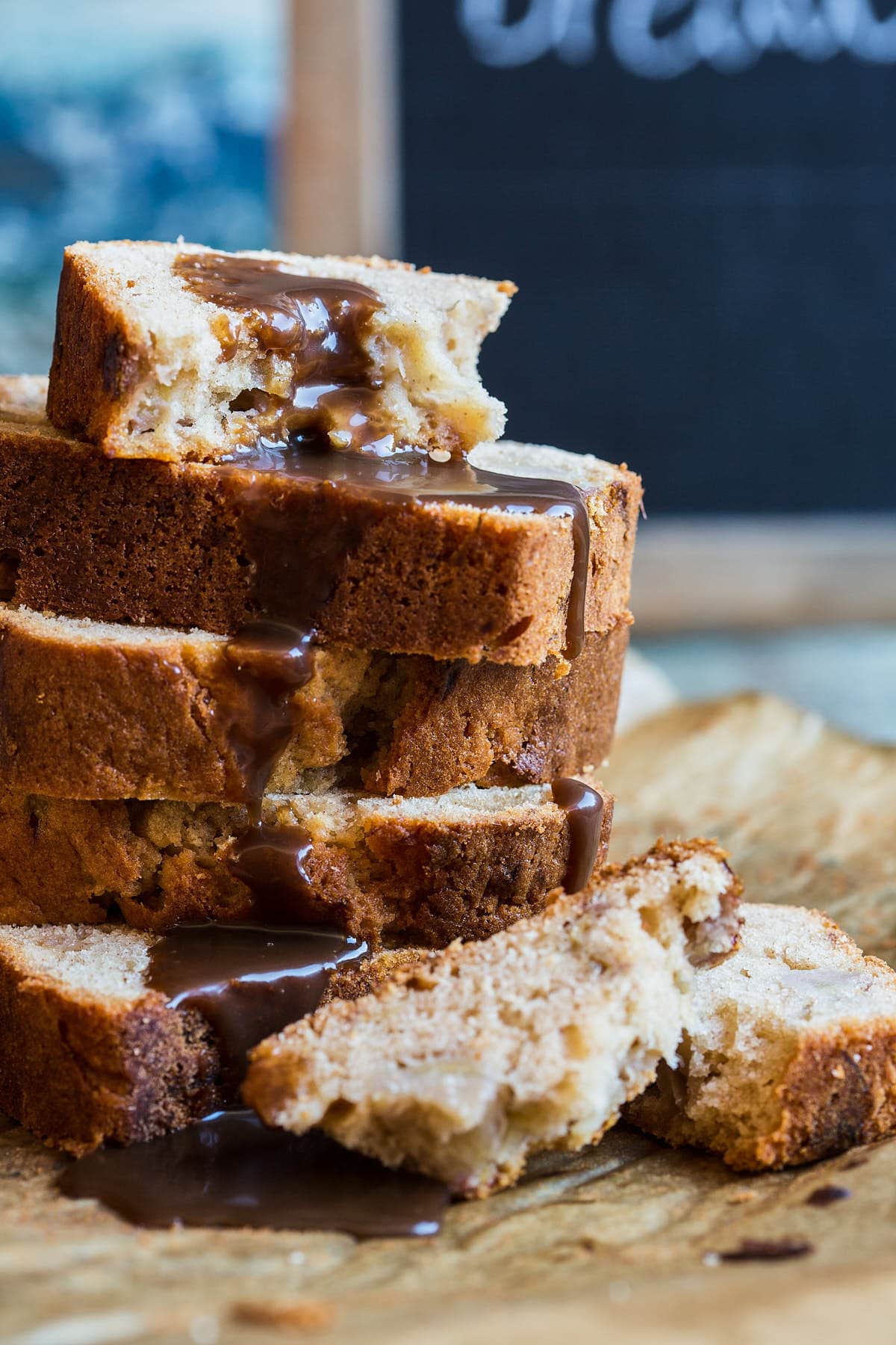 Banana bread with caramel sauce