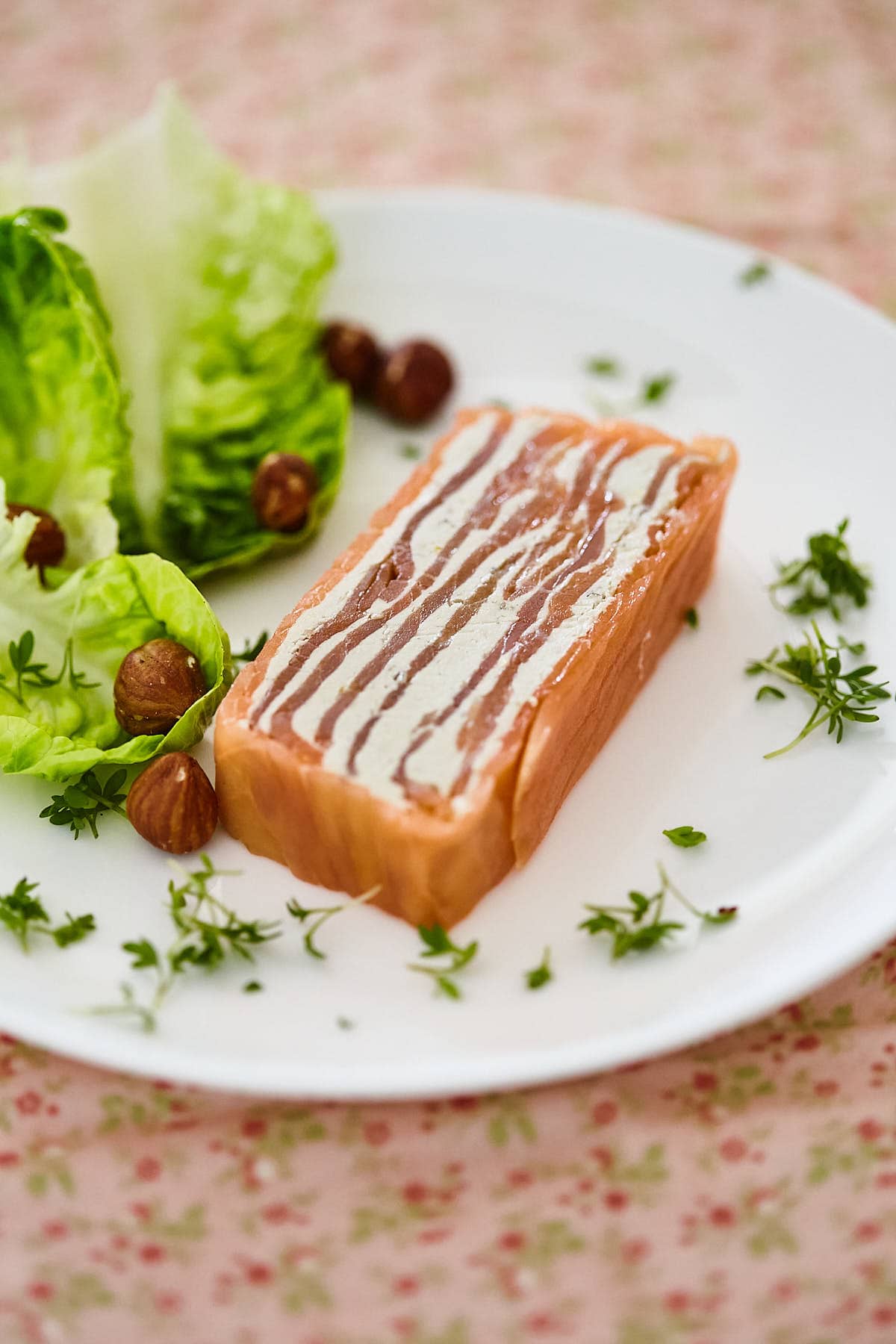 Salmon terrine recipe on a plate with simple salad
