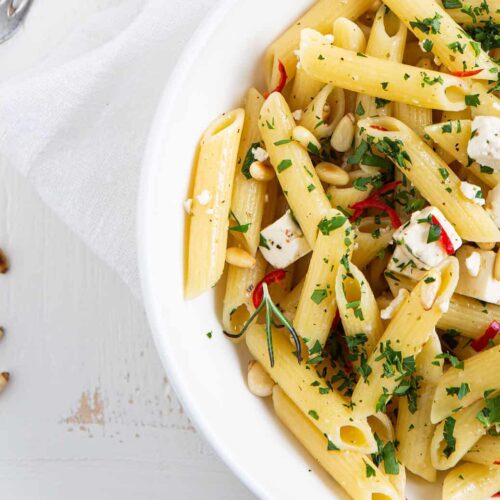 Pasta with feta and chili