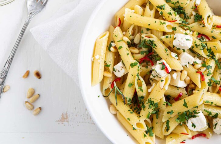 Pasta with feta and chili
