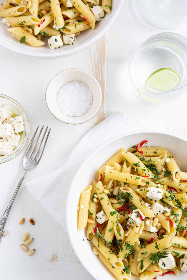 Pasta with feta and chili