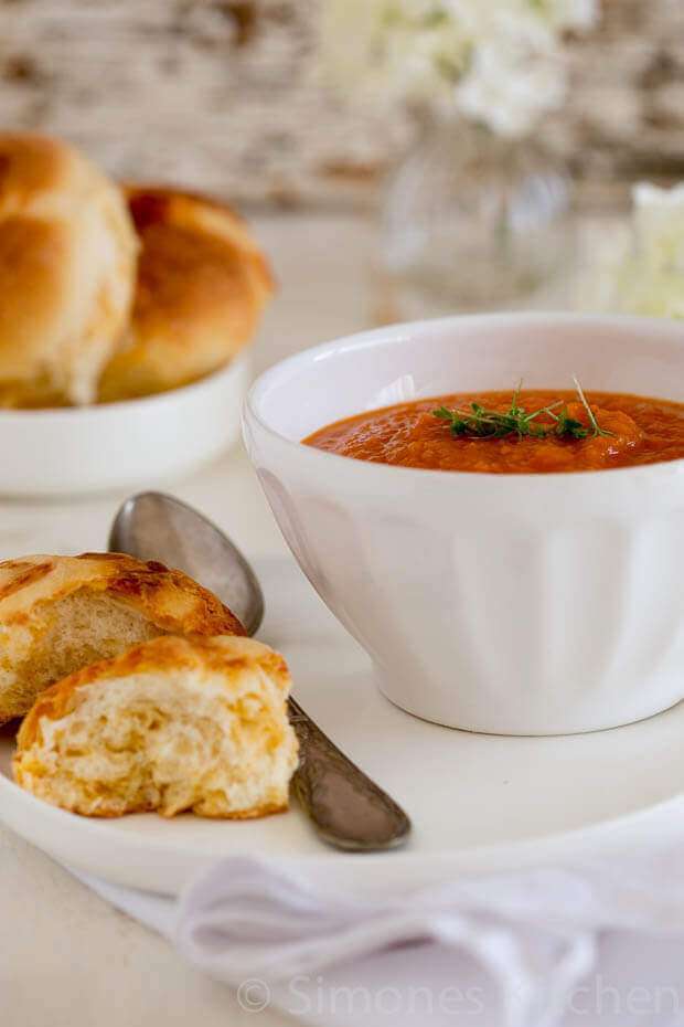 Carrot tomato soup with hot cross buns | insimoneskitchen.com