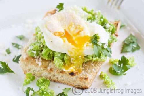 Broad beans on toast with poached egg and parmesan
