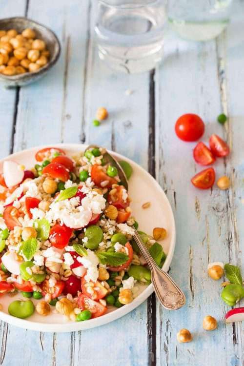 broad bean salad with feta and tomatoes