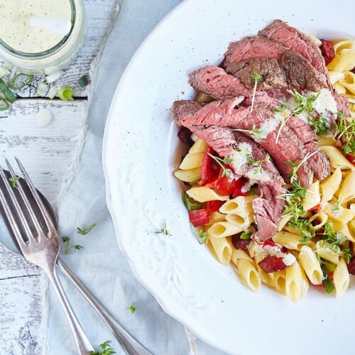 Pasta salad with steak