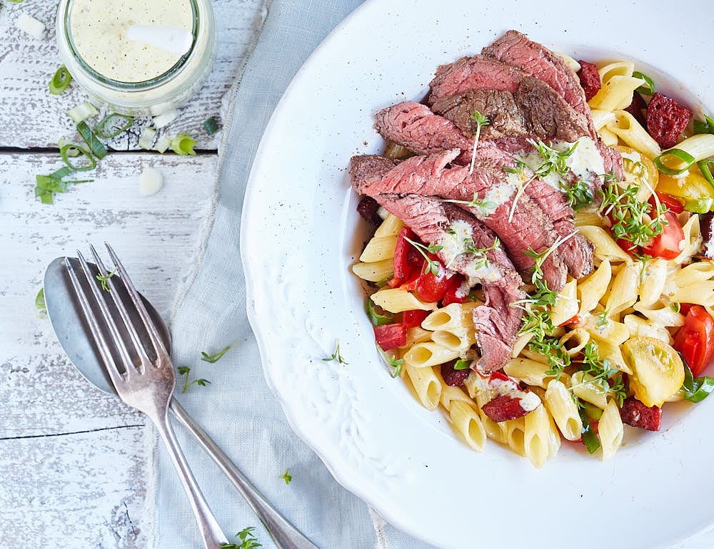 Pasta salad with steak