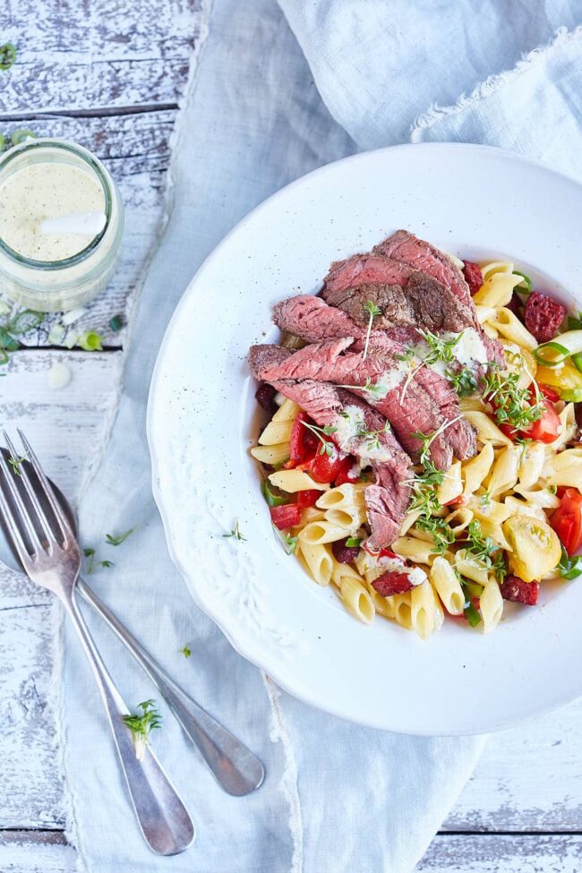 Pasta salad with steak and chorizo