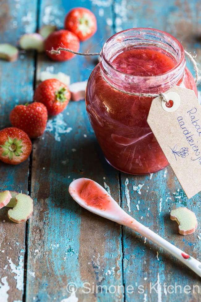 Jar of rhubarb jam with spoon