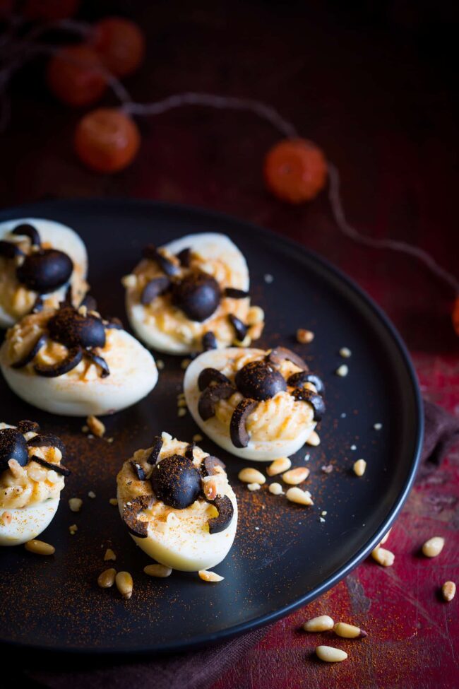 Halloween deviled eggs spiders
