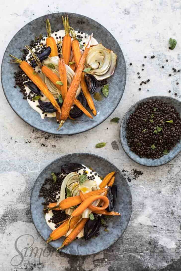 Roasted carrots with fennel and lentils