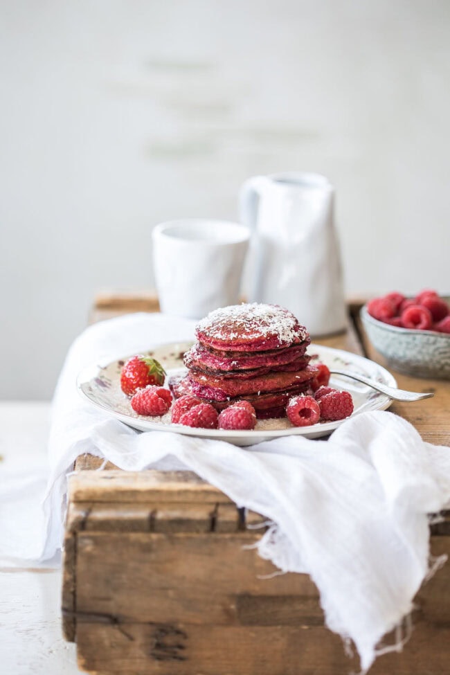 Easy beetroot pancakes on wooden board