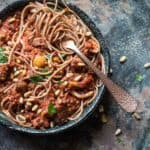 Vegan spaghetti bolognese in a bowl