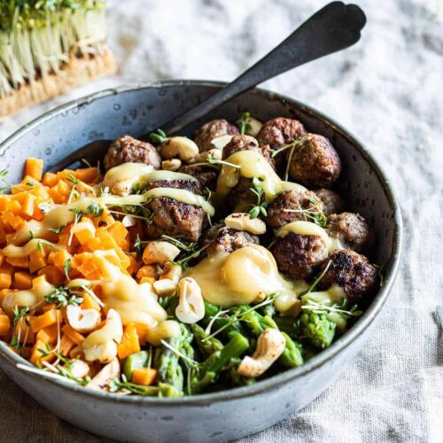 Sweet potato rice with meat balls