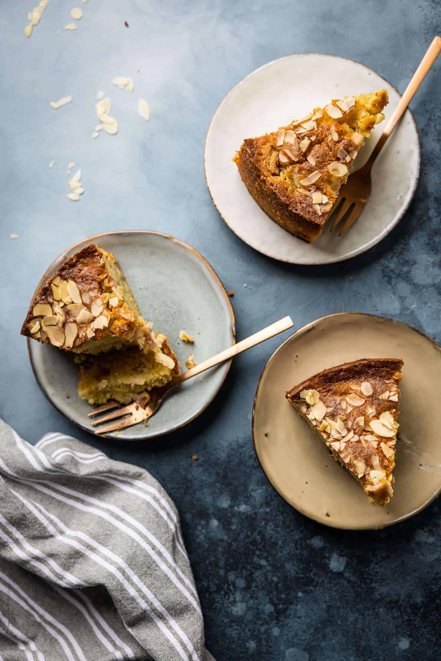 three pieces of rhubarb cake ready to be served