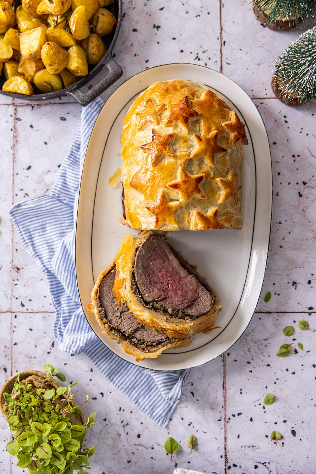 Decorating the top of the beef wellington