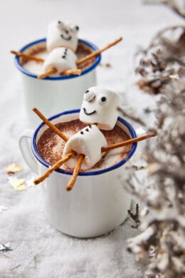 Hot chocolate with marshmallow puppets