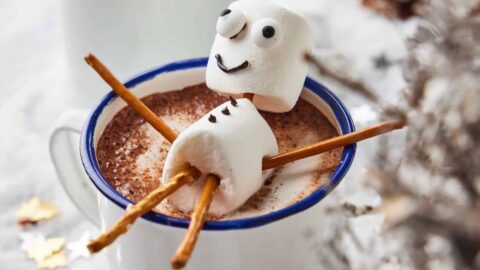 Hot chocolate with marshmallow puppets