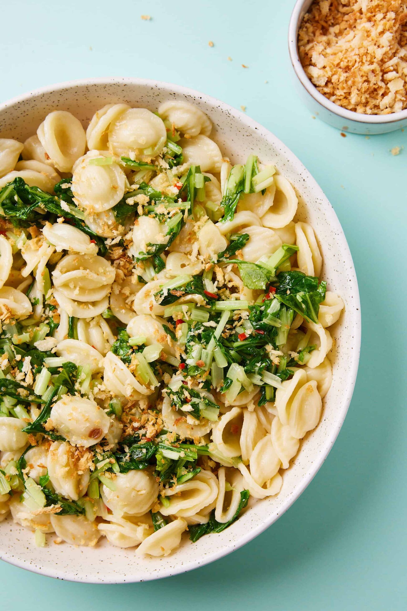 Closeup of the dish of pasta with turnip greens