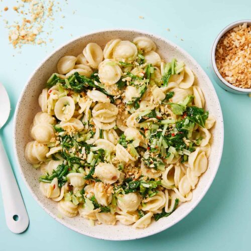Pasta with turnip greens, garlic and chili