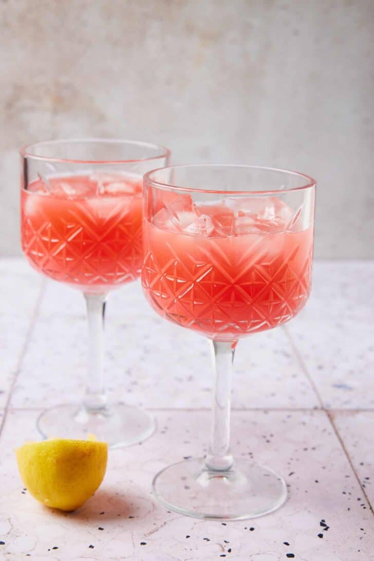 two glasses of rhubarb cocktail