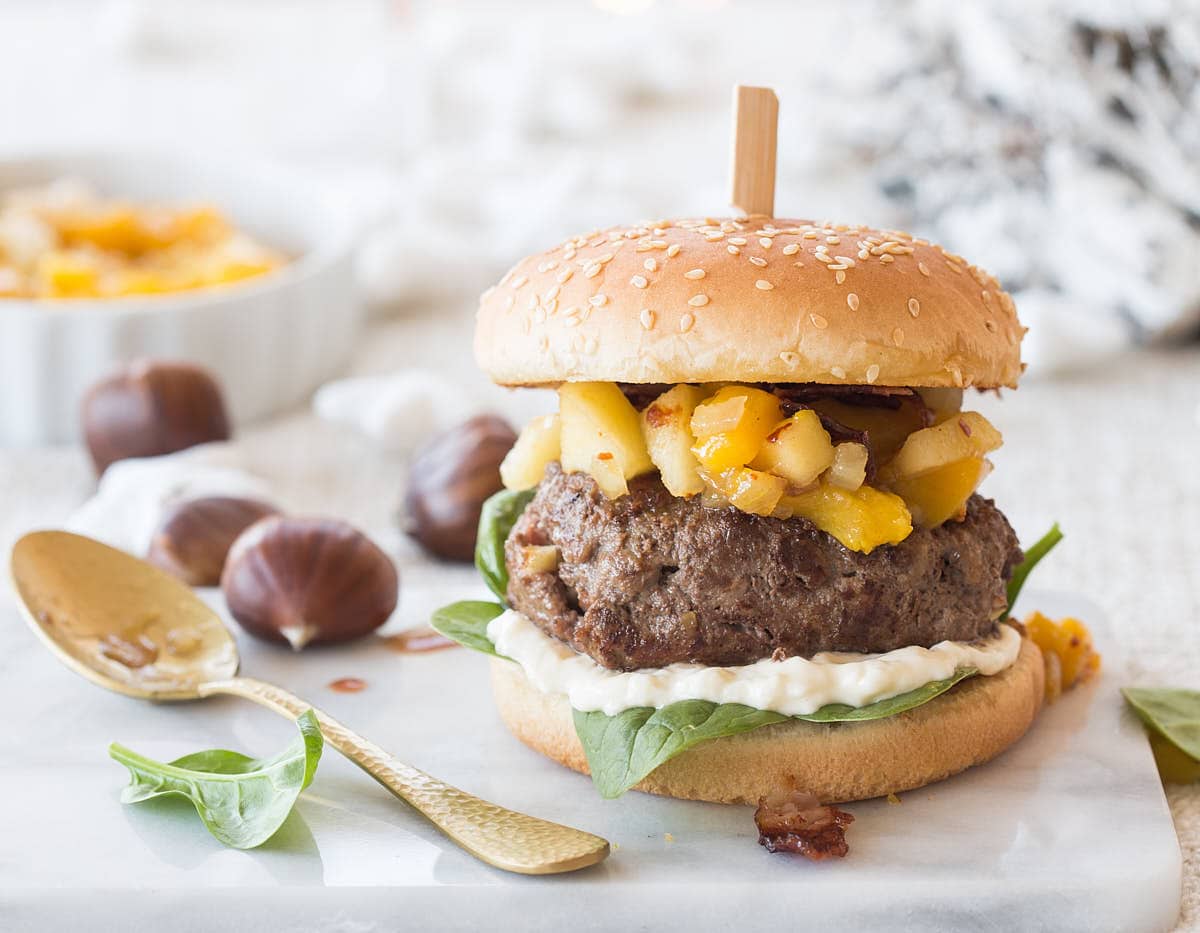 Christmas burger with chestnuts and mango chutney