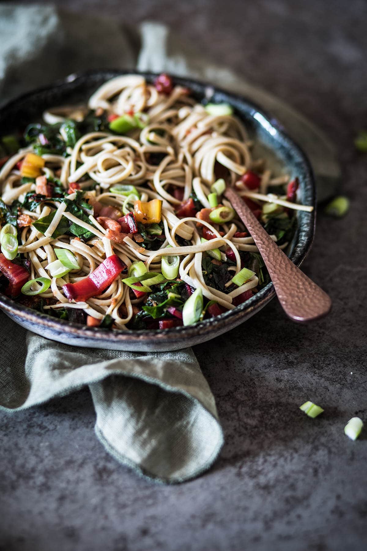 Noodles with swiss chard