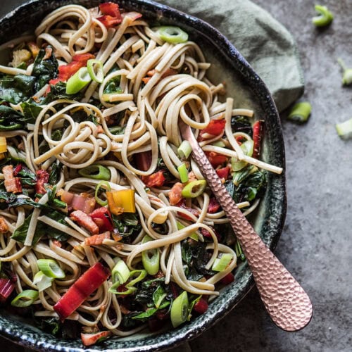 Noodles with swiss chard