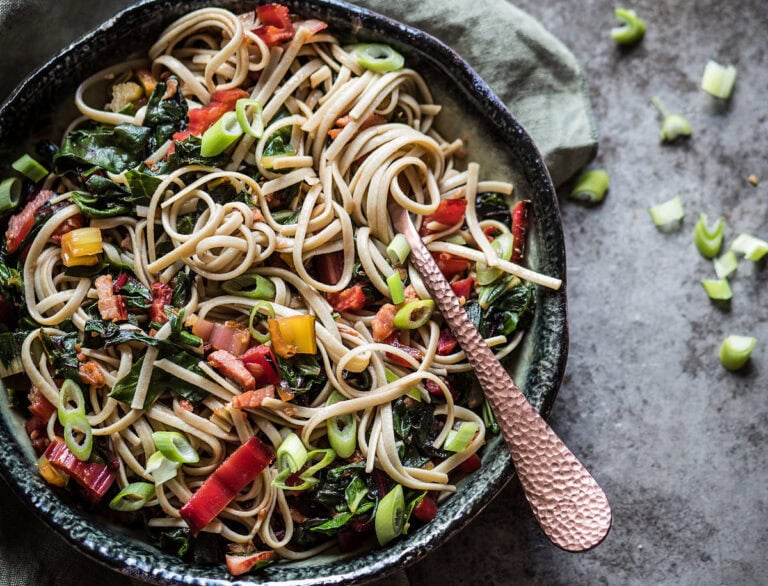 Noodles with swiss chard