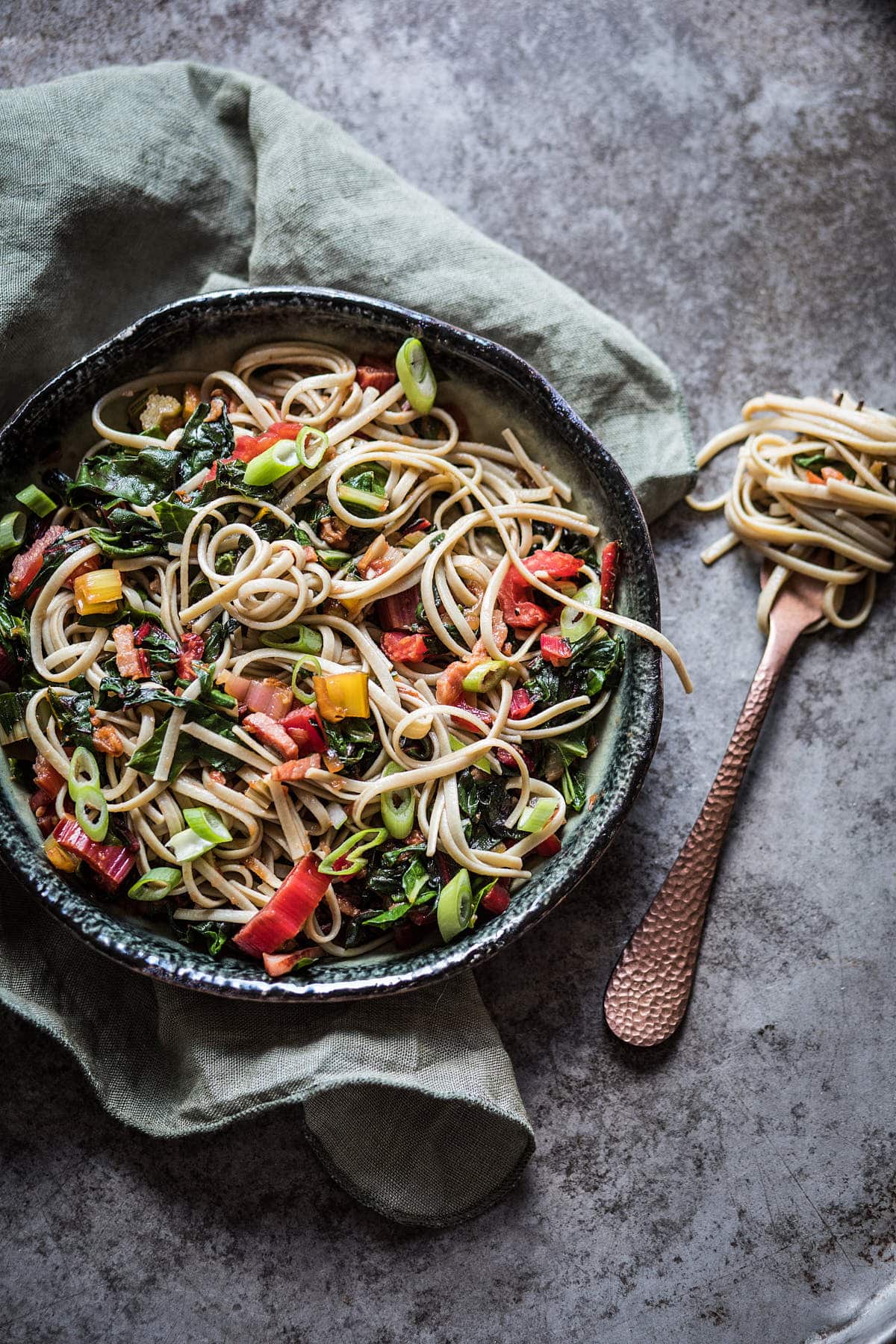 Noodles with rainbow chard