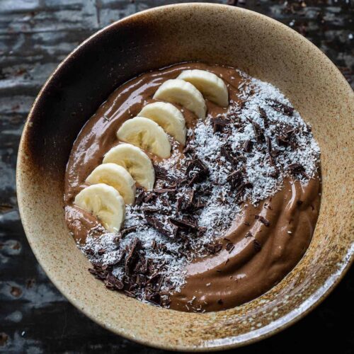 Chocolate smoothie bowl with coffee