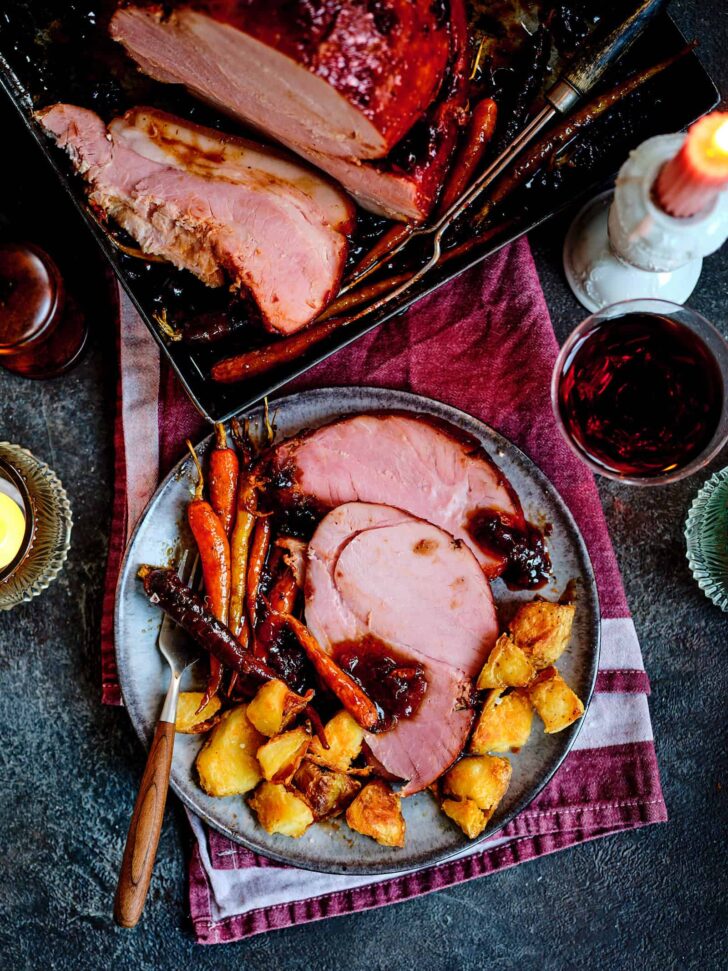 Slices of ham with roasted potatoes