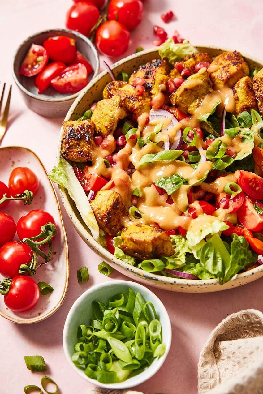 Bowl of chicken satay salad