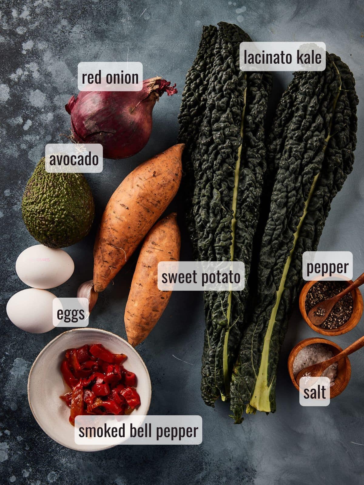 Ingredients for lacinato kale recip with sweet potato