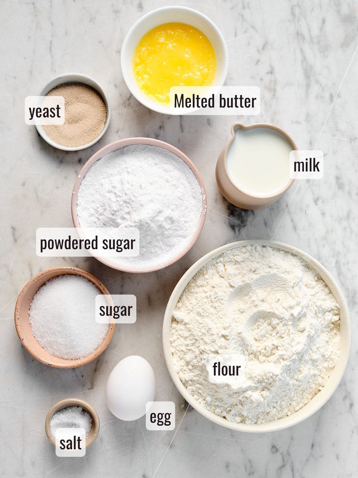 Ingredients for making new orleans beignets