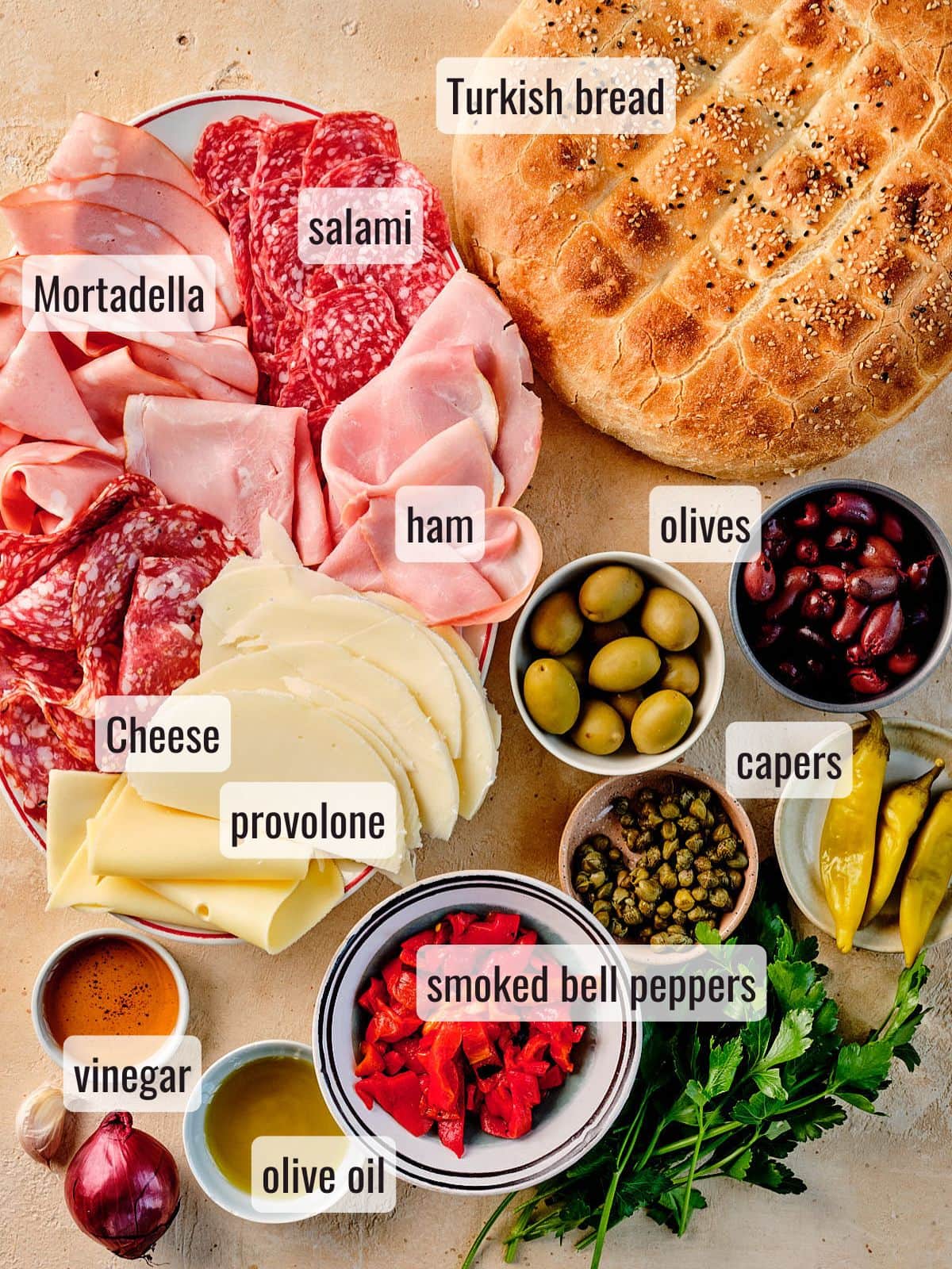 Ingredients for a muffuletta
