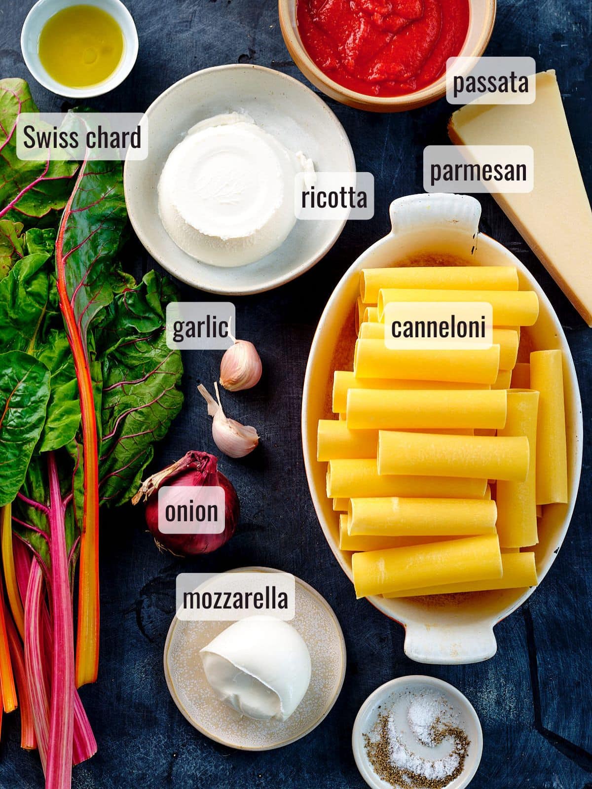 Ingredients for making cannelloni with swiss chard